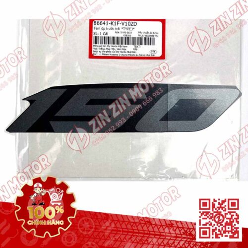 Tem Số 150 Ốp Trước Trái, Tem Cánh Yếm AB 2020 2021, AirBlade 150 Xám Đen Bạc 2020 86641K1FV10ZD Chính Hãng Honda