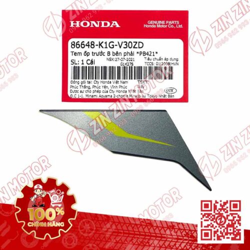 Tem Ốp Trước Phải B, Tem Cánh Yếm AB 2020 2021, AirBlade 125 Xanh Đen 2021 86648K1GV30ZD Chính Hãng Honda