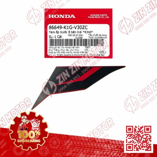 Tem Ốp Trước Trái B, Tem Cánh Yếm AB 2020 2021, AirBlade 125 Đỏ Đen 2021 86649K1GV30ZC Chính Hãng Honda