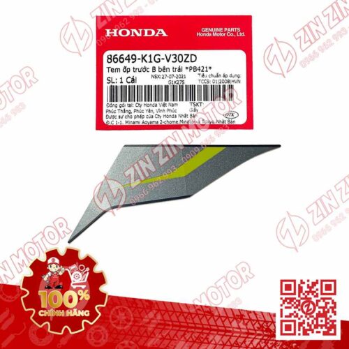 Tem Ốp Trước Trái B, Tem Cánh Yếm AB 2020 2021, AirBlade 125 Xanh Đen 2021 86649K1GV30ZD Chính Hãng Honda