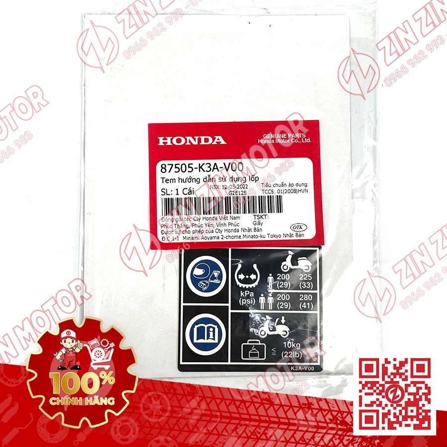 Tem Thông Số Lốp Và Xích Tải AB 125 2022 - 2026 (AirBlade) 87505K3AV00 Chính Hãng Honda
