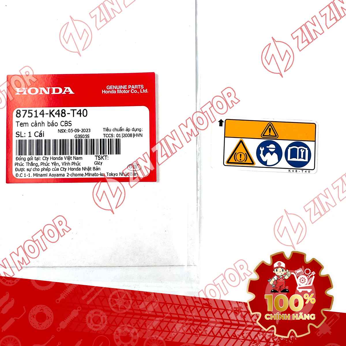 Tem Thông Số Cảnh Báo CBS AB 125 2022 - 2026 (AirBlade) 87514K48T40 Chính Hãng Honda