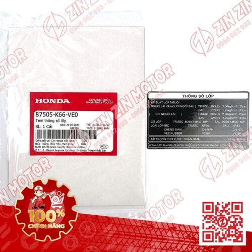 Tem Thông Số Lốp AB 125 2020 2021, Air Blade 125 2016 2017 2018 2019 87505K66VE0 Chính Hãng Honda