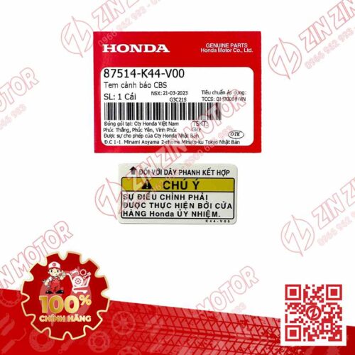 Tem Cảnh Báo CBS AB 125 2020 2021, AirBlade 125 2016 2017 2018 2019 87514K44V00 Chính Hãng Honda